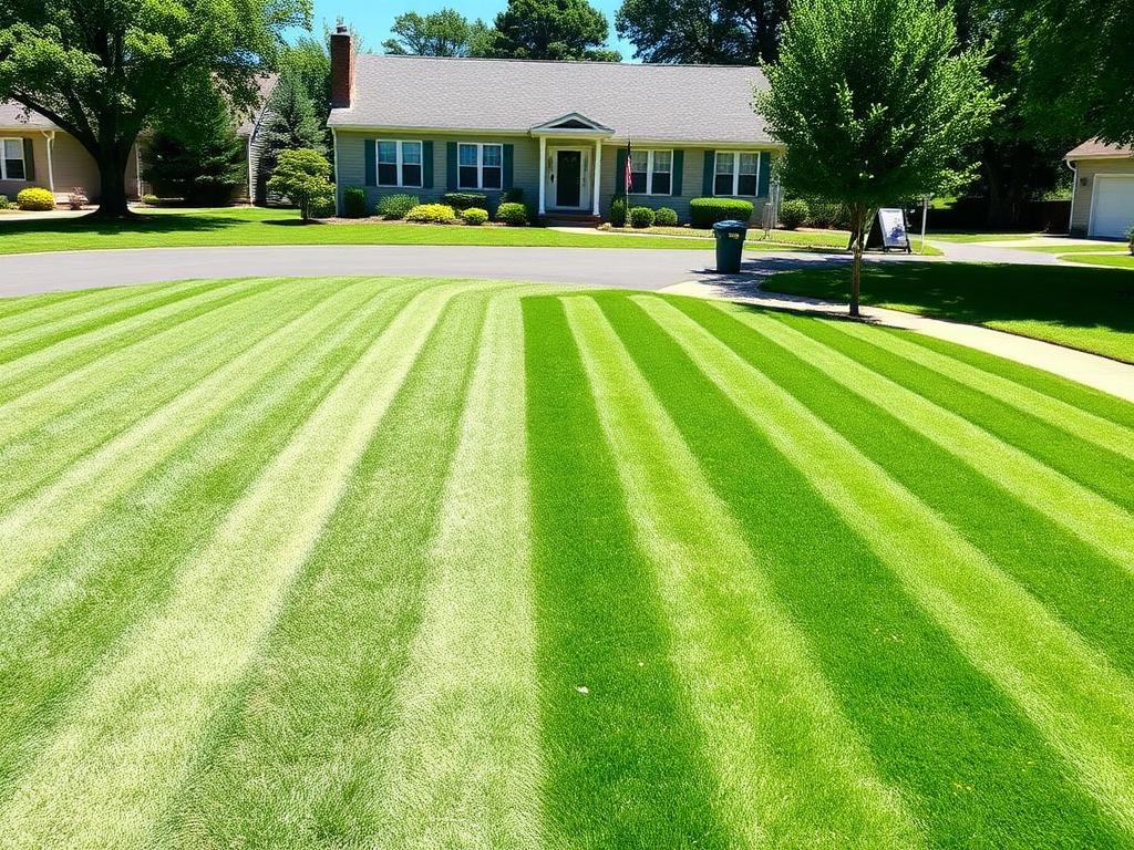Freshly mowed and edged striped front lawn after lawn service