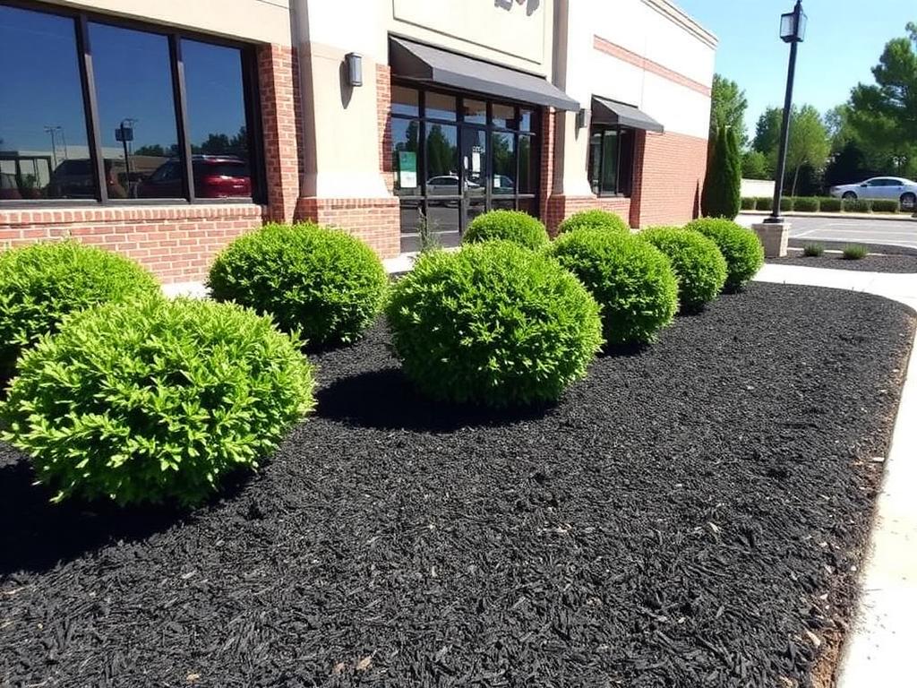 Freshly mulched and pruned landscape bed at a commercial building