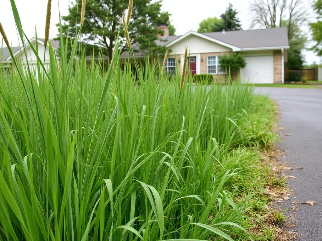 Overgrown front lawn with tall grass before lawn service