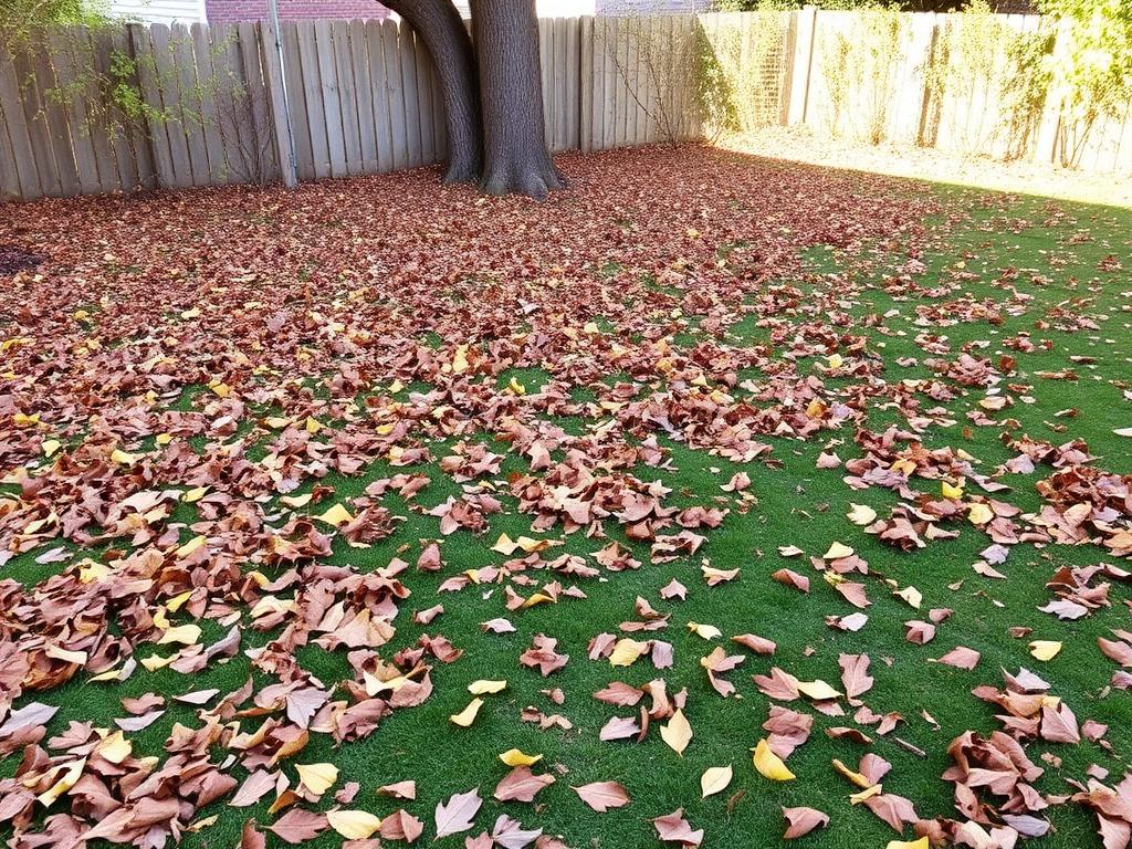 Backyard covered in fallen leaves before cleanup