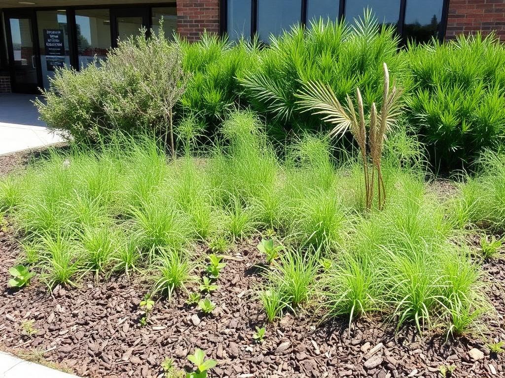 Weedy overgrown landscape bed at a commercial building